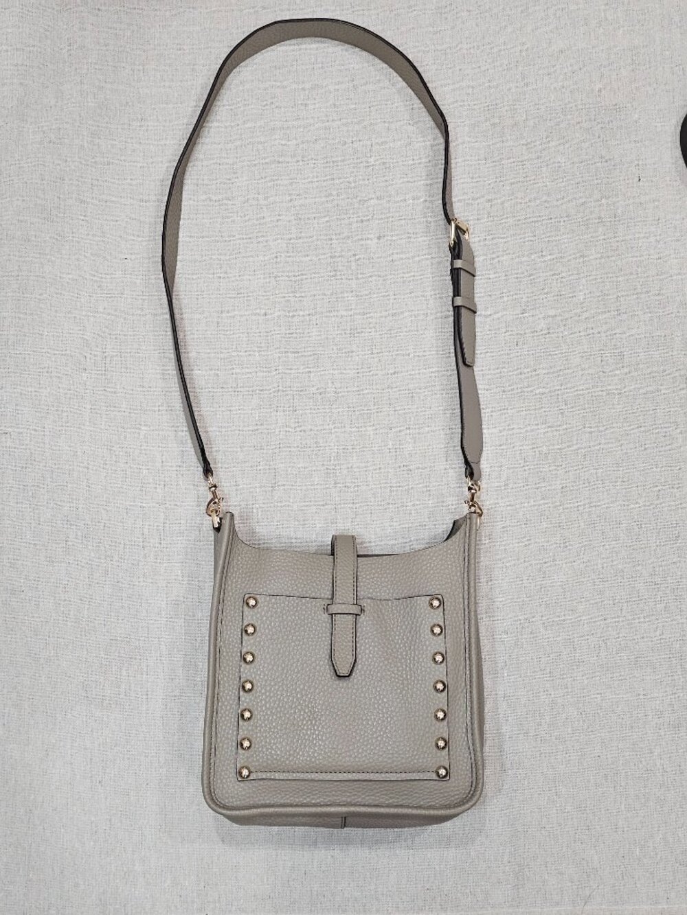 Taupe Gray Pebbled Leather Crossbody Bag w/ Gold Studs by Rebecca Minkoff - Picture 2 of 14